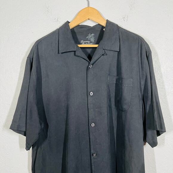 Tommy Bahama Silk Button Up Shirt Short Sleeve Black Casual Basic - L - Picture 2 of 4